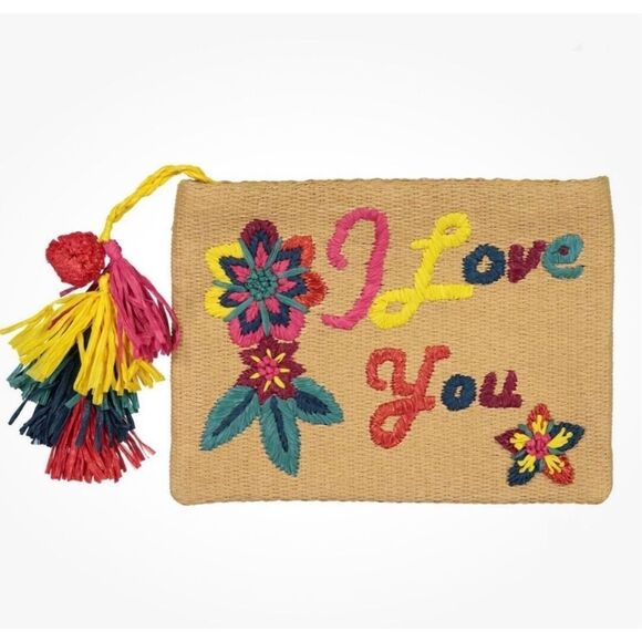 Guadalupe I Love You Embroidered Raffia Pouch Colorful Tip Top Clutch Beachy NWT - Picture 1 of 8